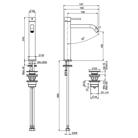Fima Carlo Frattini Spillo Up Смеситель для раковины, высота 240 мм., излив 168 мм., с донным клапаном click-clack, цвет: чёрный матовый 