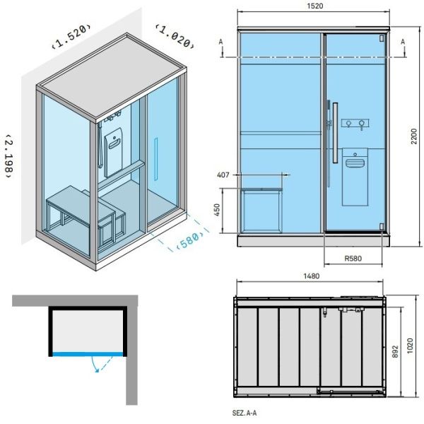 Effegibi H Medium Хаммам с душем, угловой L.H., DX, 152x102xh220см, отделка: Soft Sand 