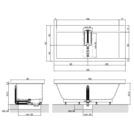 Antonio Lupi Biblio Ванна встраиваемая 190х90х53.5 см, с сифоном и ,ножками и нажимным донным клапаном (хром), мат-л: Corian, цвет: белый 