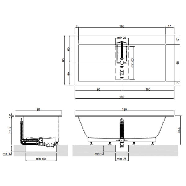 Antonio Lupi Biblio Ванна встраиваемая 190х90х53.5 см, с сифоном и ,ножками и нажимным донным клапаном (хром), мат-л: Corian, цвет: белый 