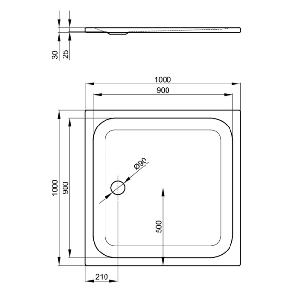 BETTE ULTRA Душевой поддон квадратный 1000х1000х25 мм., сливное отверстие диаметр 90 мм., с шумоизоляцией, цвет белый 