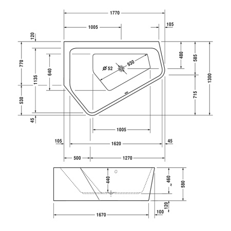 DURAVIT PAIOVA 5 Ванна угловая 1770х1300х580 мм., левая, с бесшовной панелью и рамой, акрил, цвет белый 