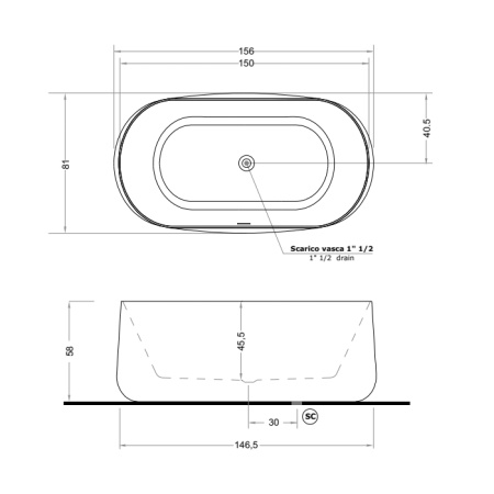 GRUPPO TREESSE CALIDA Ванна отдельностоящая акриловая 1550х800х550 мм.,c  переливом, объем 300л, сифон, цвет белый глянцевый 