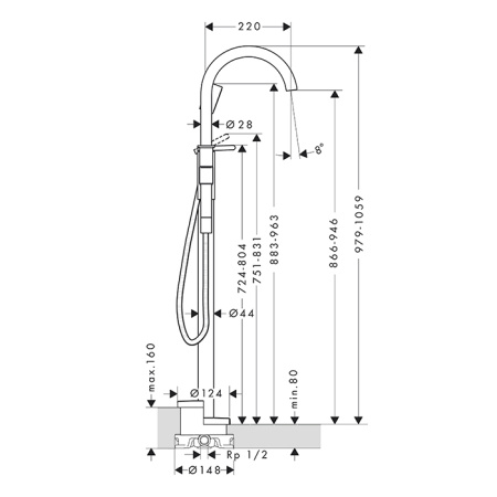 AX One Смеситель для ванны, напольный, цвет полированное золото 