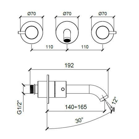 ALMAR Смеситель для раковины на 3 отверстия из стены, излив 140-165 мм, внешняя часть, цвет хром 