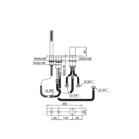 Fantini Milano Смеситель на борт ванны, на 3 отв, на 2 источника, с ручн.душем, без излива, цвет: хром 