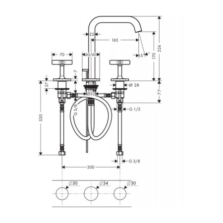 AX Citterio E Смеситель для раковины 170, на 3 отв., излив 165мм, с розетками, с донным клапаном  (рук. форма звезд), цвет: хром 