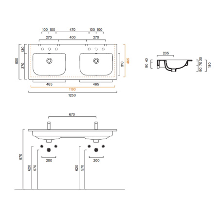 Catalano ITALY Раковина 125x50 двойная, без отв. под смеситель, покрытие Cataglaze+, цвет белый глянцевый 