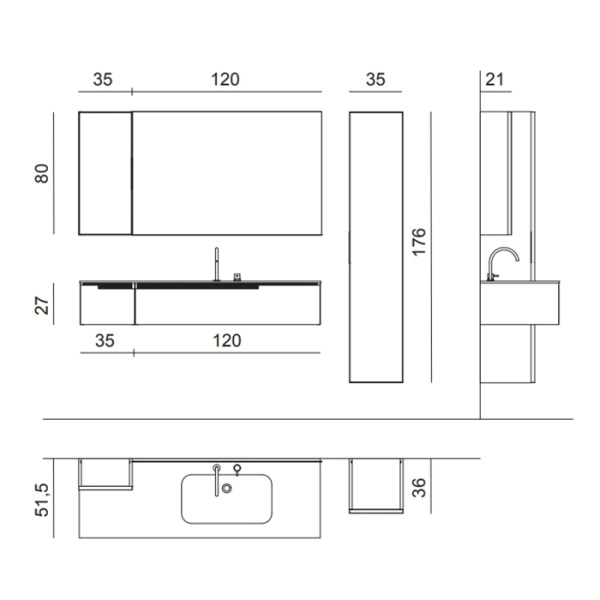 OASIS PROFILO Тумба под раковину 1200х510х270 мм, подвесная, 1 ящик правый, цвет Mint глянцевый 