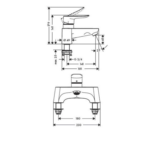 HG Metris Смеситель на край ванны, на 2 отв., переключатель вакумный, цвет: хром 