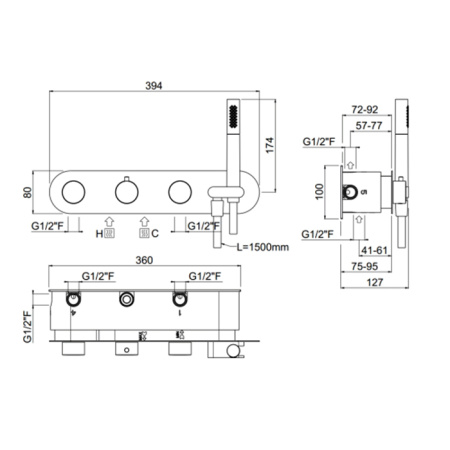 Carimali ILTONDO Внешняя часть Скрытый горизонтальный смеситель c держателем длядуша держателем, 4 выхода. хром 