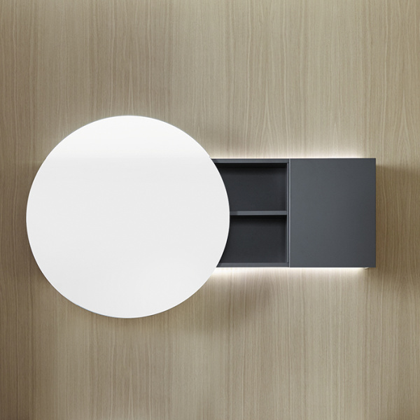 Burgbad COCO Шкаф зеркальный с верхним свет.1200х170х700 мм, Зерк дверь с 2 сторон, 1 ув стекло,1 полка. 2 перег., зеркало слева.цвет серый матовый 