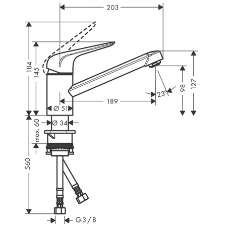 HG Focus M42 Кухонный смеситель на 1 отв, однорычажный, поворотный излив 189мм, h98мм, 1jet, цвет: под сталь 