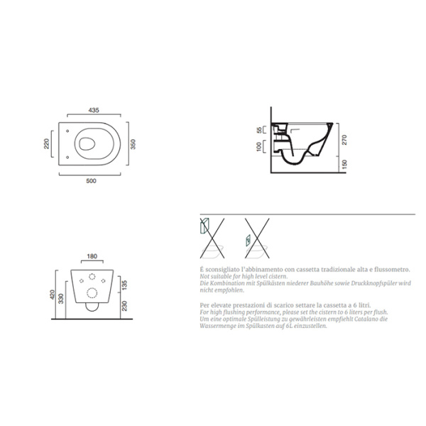 Catalano ZERO Унитаз подвесной 50x35, безободковый, смыв Tornado, покрытие Cataglaze+, без крепежа, цвет белый глянцевый 