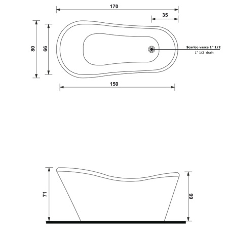 Gruppo Treesse Nina Ванна 170x80xh71 см. (без гидромассажа) со сливом хром и панелью, цвет белый глянец 