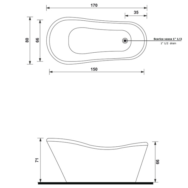 Gruppo Treesse Nina Ванна 170x80xh71 см. (без гидромассажа) со сливом хром и панелью, цвет белый глянец 