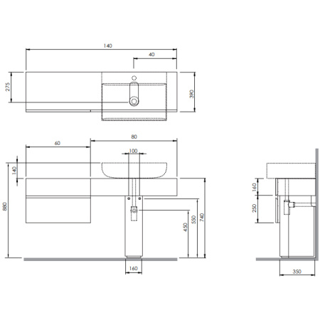 AZZURRA Charlotte База напольная под раковину 140х39х74 см, раковина справа, ящик слева  в цвете Cemento, цвет базы дуб 