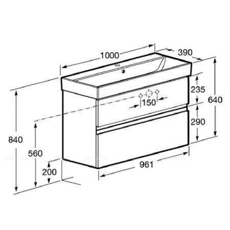 Roca OLETA Тумба подвесная 961х374х548 мм. для раковины 1000 мм, с 2 ящиками, белый матовый 