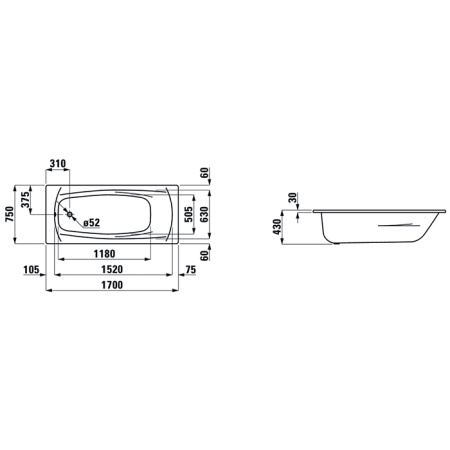 Laufen PALADIUM Стальная ванна (3,5мм) встр.1700x750 мм,   шумоиз-я, с отверстиями для ручек, белый 