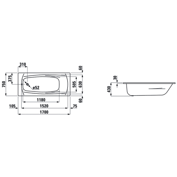 Laufen PALADIUM Стальная ванна (3,5мм) встр.1700x750 мм,   шумоиз-я, с отверстиями для ручек, белый 