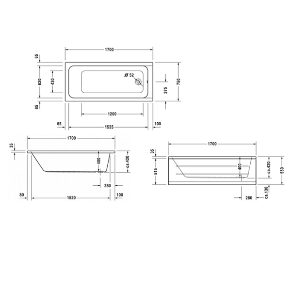 Duravit D-Code  Ванна акриловая 1700х750 мм см, встраиваемая, с 1 наклоном для спины, выпуск в зоне ног, цвет белый (Спец.цена из наличия) 