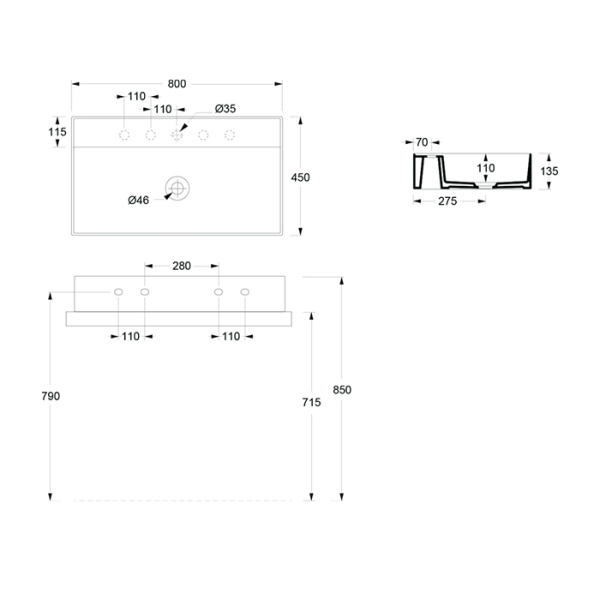 Alice Hide Раковина 80x45хВ13,5, подвесная, с отверстием под смеситель, белый глянцевый 