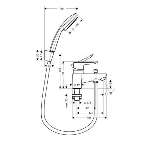 HG Metris Смеситель на край ванны, на 2 отв., переключатель вакумный, с ручным душем Croma 100 Vario и держатель Porter S, цвет: хром 