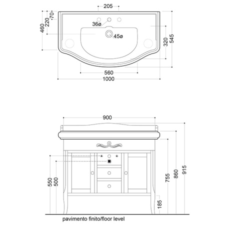 KERASAN Retro 7347, база 100см, с прямым фасадом, под  раковину 1050, цвет: noce (орех), ручки: керамика 