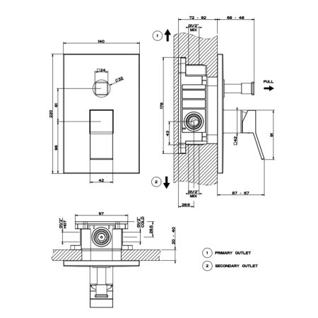 Gessi Rettangolo K Встраиваемый однорычажный смеситель для душа (внешняя часть) с переключателем, цвет: хром 