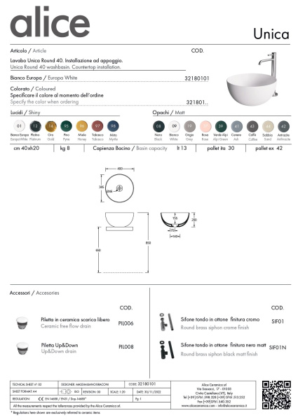 Alice Unica, накладная круглая раковина Ø40х20h см, цвет белый глянцевый 