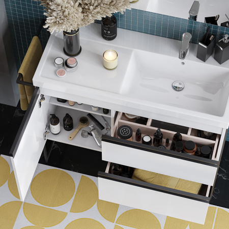 Roca DOMI Тумба подвесная 985x453x515 мм. для раковины 1000 мм, с 2 ящ. и 1 дверкой, правый, белый глянец (только для 7.3270.M.E00.4 - импорт) 