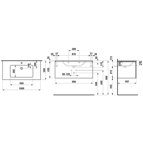 Laufen PRO S комплект: шкафчик с раковиной, 1000х500х460 мм, с раковиной Slim 1000 мм, 1 внутренний ящик, вкл.органайзер для ящика, белый глянцевый 