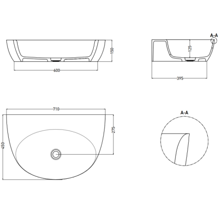 Salini ALDA WALL 03  Раковина на столешницу 600х710х150 мм, без донного клап, сифон,  слив-пер, мат-л: S-Sense, глянцевый, белый. Фурнитура: белая. 