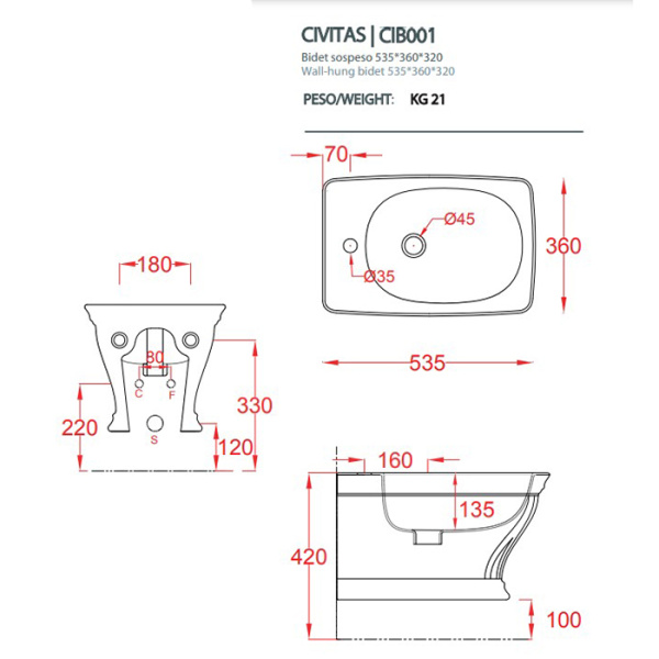 Artceram CIVITAS  Биде подвесное 36х54 см, с крепеж. с 1 отв под смес, цвет белый 