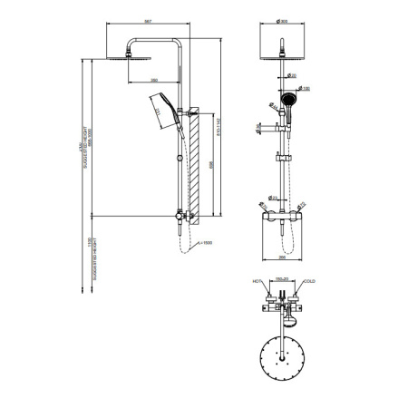 GESSI MINIMALISTIC SHOWER Душевая стойка с термостатическим смесителем, верхним душем Ø300 мм., ручным душем и шлангом 1500 мм, цвет Gold PVD 
