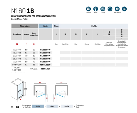 Дверь в нишу распашная 80 см (78,5-80x200) Novellini N180 N1801B80-1N, профиль Brushed black chrome, стекло прозрачное CrystalClear 
