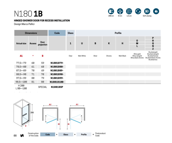 Дверь в нишу распашная 90 см (88,5-90x200) Novellini N180 N1801B90-1Z, профиль Brushed Inox, стекло прозрачное CrystalClear 