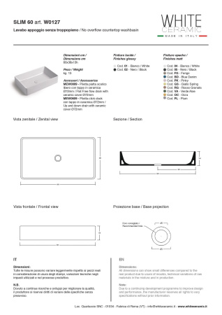 White Ceramic Slim, накладная прямоугольная раковина 60x38x13h см, цвет черный матовый 