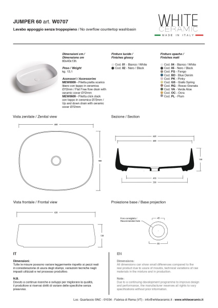 White Ceramic Jumper, накладная прямоугольная раковина 60x40x13h см, цвет белый глянцевый 