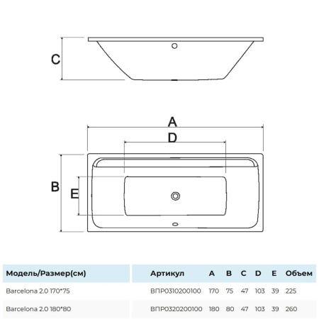 Ванна Barselona 2.0 прямоугольная 180х80 