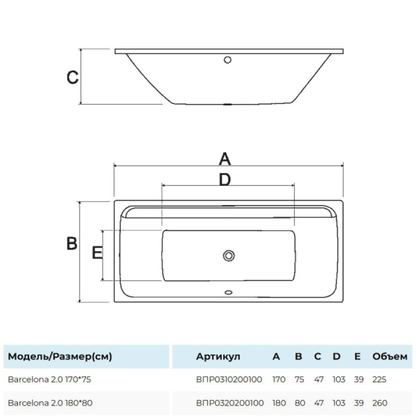 Ванна Barselona 2.0 прямоугольная 180х80 