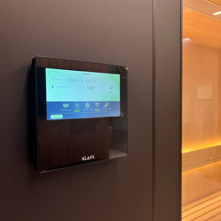 KLAFS S1 Сауна раздвижная 2320х1600(600)хh2110 мм, размер L с прозрачным стеклом, вн. отд. хемлок, Varius 6,0 кВт, внешняя отделка: чёрный матовый 