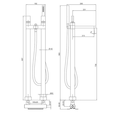 Fantini Venezia In Смеситель для ванны, напольный, с ручн душем, излив 215мм, (наружняя часть), цвет: Matt British Gold PVD 
