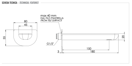 Излив настенный 18 см Remer Infinity 91ICFP, черный брашированный хром 