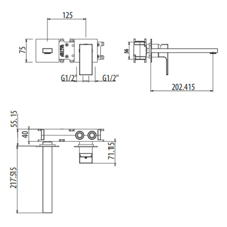 GATTONI Kubik Смеситель встраиваемый на 2 отв, с внутренней частью G-BOX, излив 202 мм, цвет NERO OPACO 