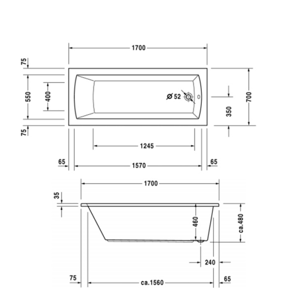 Duravit Daro  Ванна 1700х700 мм, акриловая, прямоугольная встраиваемая ,с наклоном для спины , цвет белый 