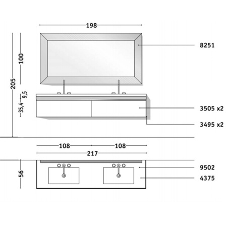 VITAGE milldue edition Four seasons Столешница 216х56хh9.5см c 2-мя интегрированными раковинами PLANS c3отв., мрамор, цвет: bronzo amani-B58 