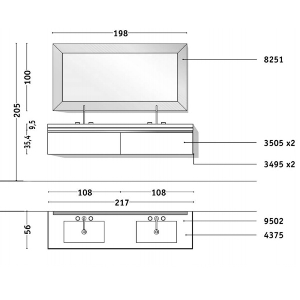 VITAGE milldue edition Four seasons Столешница 216х56хh9.5см c 2-мя интегрированными раковинами PLANS c3отв., мрамор, цвет: bronzo amani-B58 