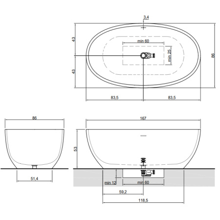 ANTONIO LUPI REFLEX Ванна отдельностоящая 1670х860х530 мм., с нажимным донным клапаном (хром), сифоном и гибким шлангом, Cristalmood, цвет Nebbia 