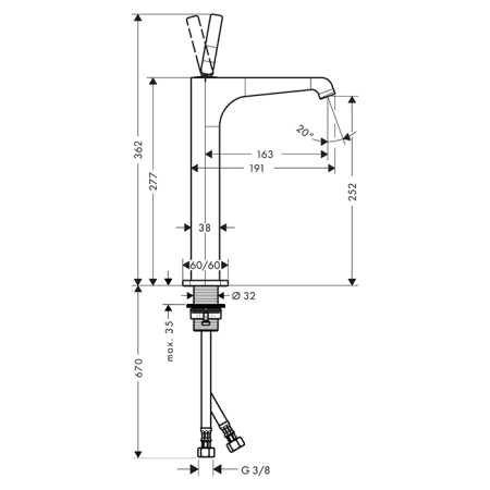AXOR CITTERIO E Смеситель для раковины на 1 отверстие, однорычажный, высота до излива 250 мм., с незапираемым донным клапаном, цвет полир черный хром 